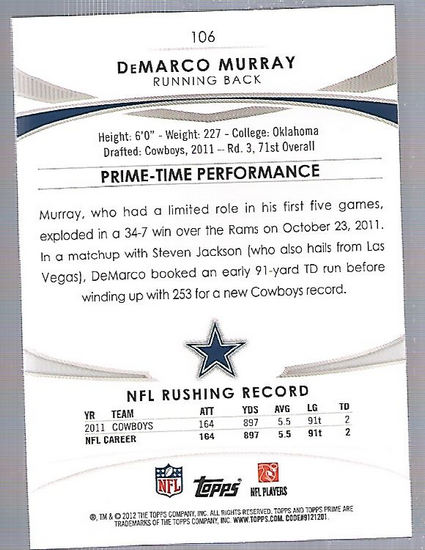 2012 Topps Prime #106 DeMarco Murray back image