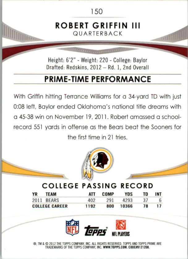 A6902- 2012 Topps Prime FB Card #s 1-150 +Rookies -You Pick- 15+ FREE US SHIP - Picture 200 of 200