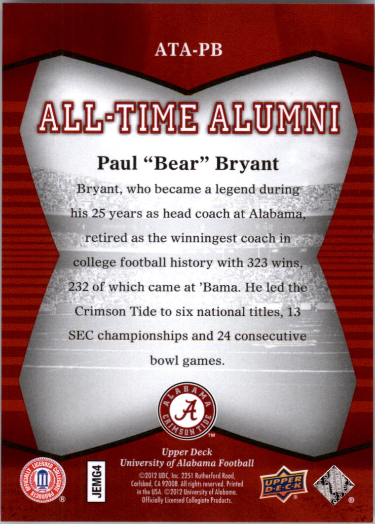 2012 Upper Deck Alabama All Time Alumni #ATAPB Paul Bear Bryant CO back image