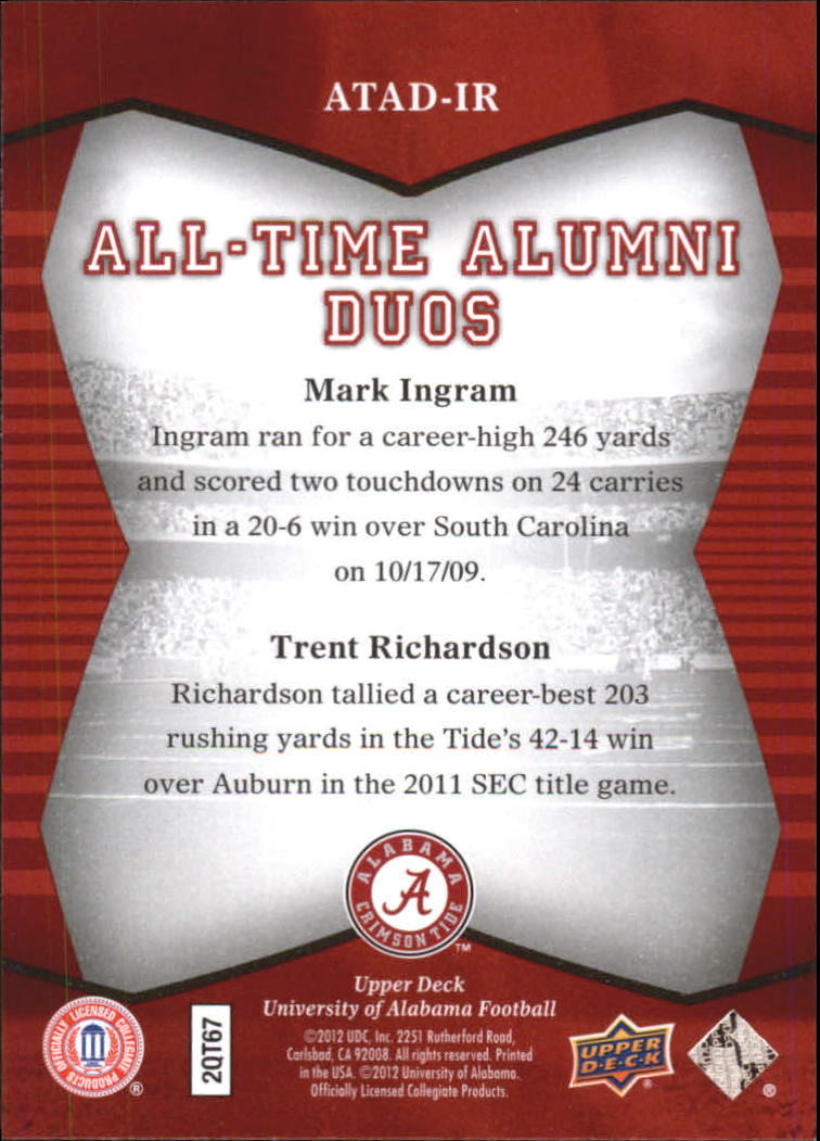2012 Upper Deck Alabama All Time Alumni Duos #ATADIR Mark Ingram/Trent Richardson back image