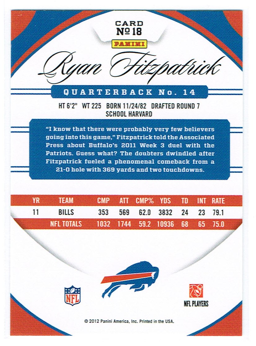2012 Certified #18 Ryan Fitzpatrick back image