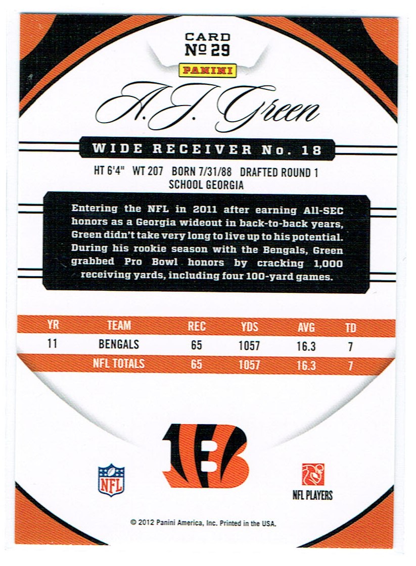 2012 Certified #29 A.J. Green back image