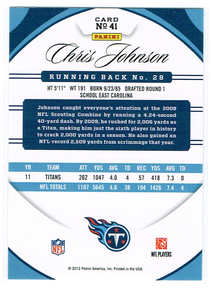 2012 Certified #41 Chris Johnson back image