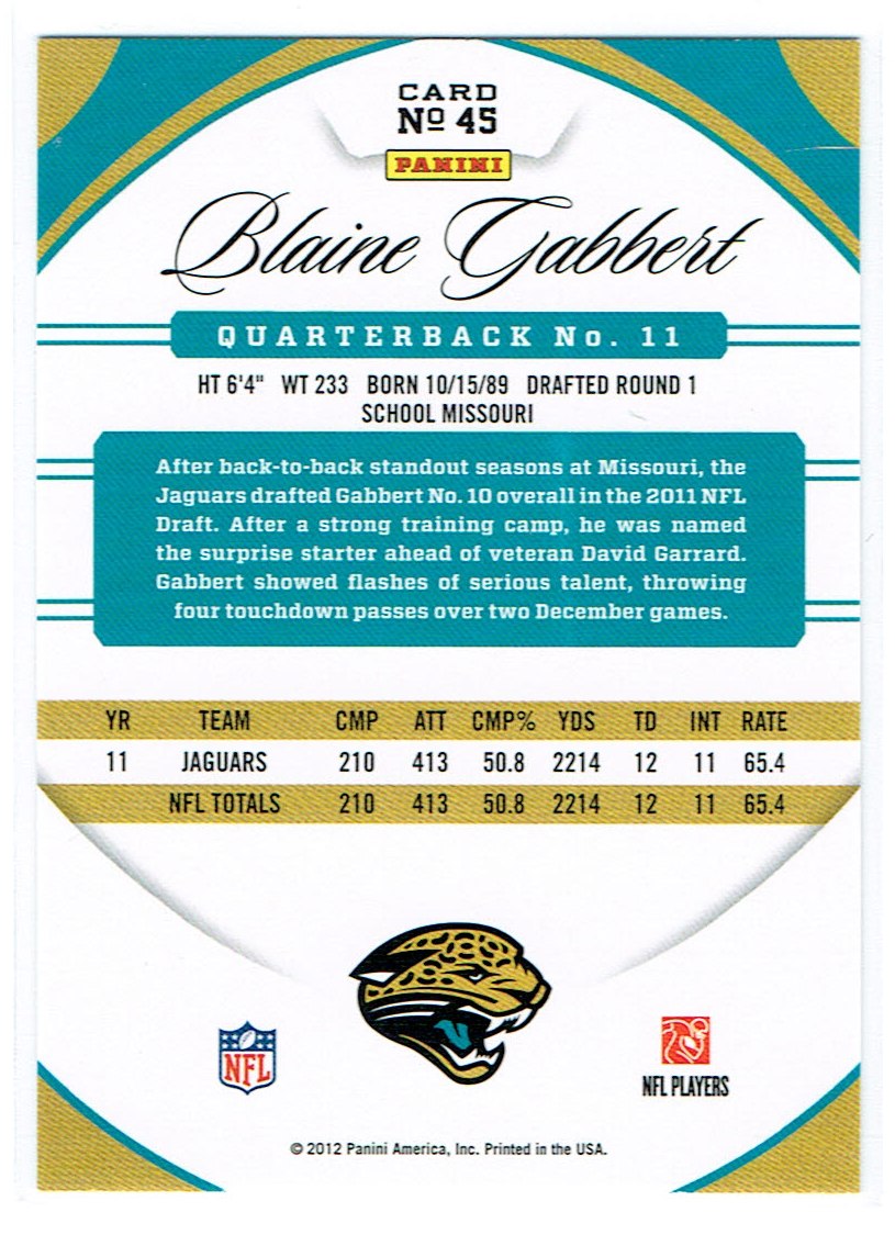 2012 Certified #45 Blaine Gabbert back image