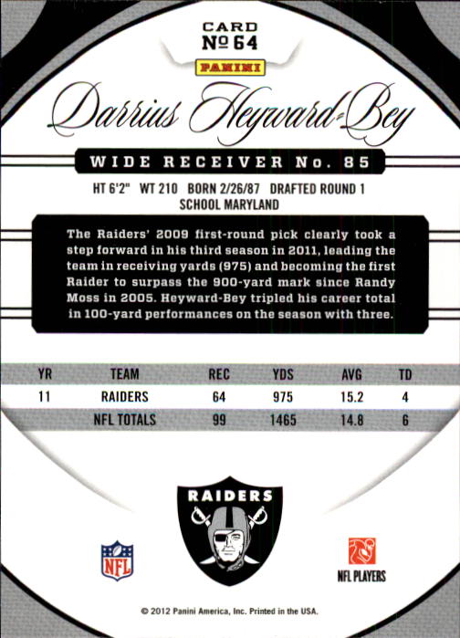 2012 Certified #64 Darrius Heyward-Bey back image