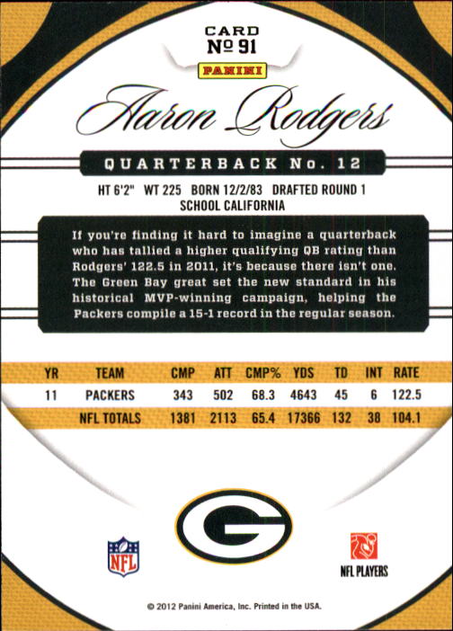 2012 Certified #91 Aaron Rodgers back image