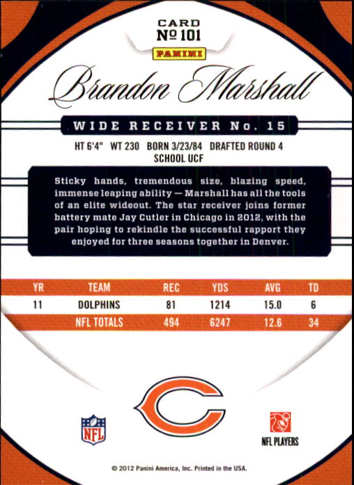 2012 Certified #101 Brandon Marshall back image
