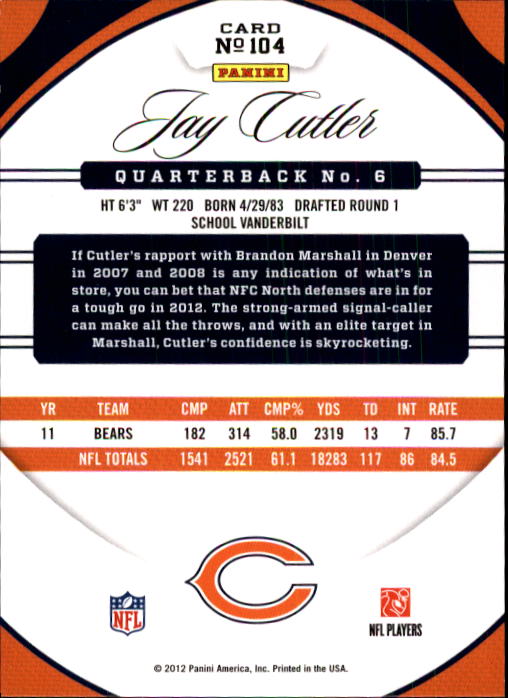 2012 Certified #104 Jay Cutler back image