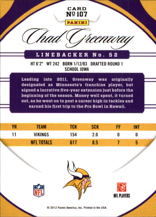 2012 Certified #107 Chad Greenway back image