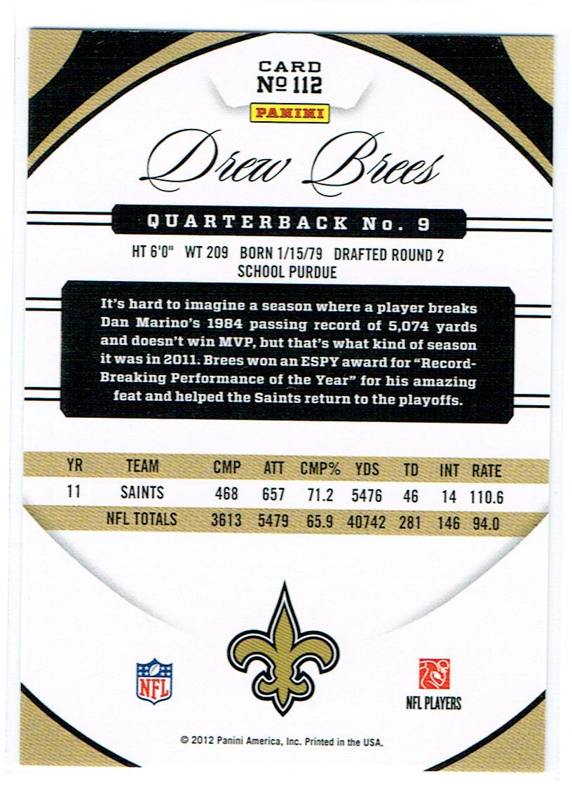 2012 Certified #112 Drew Brees back image