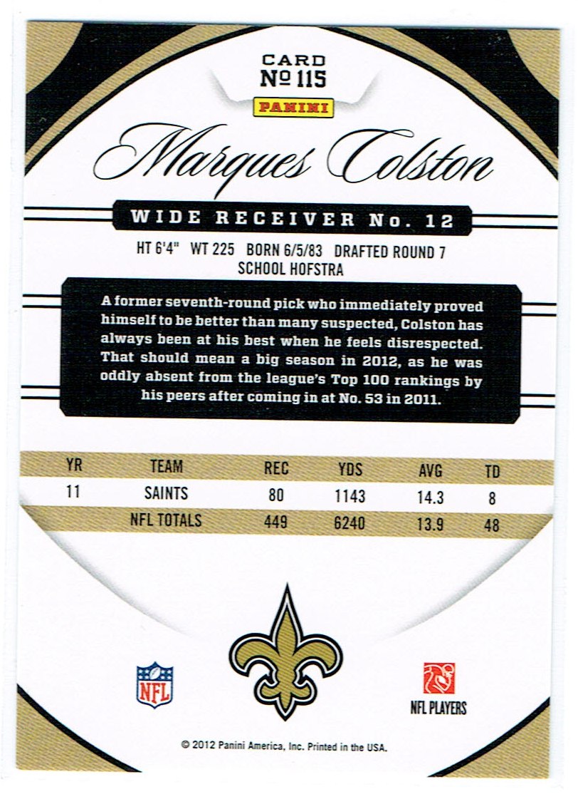 2012 Certified #115 Marques Colston back image