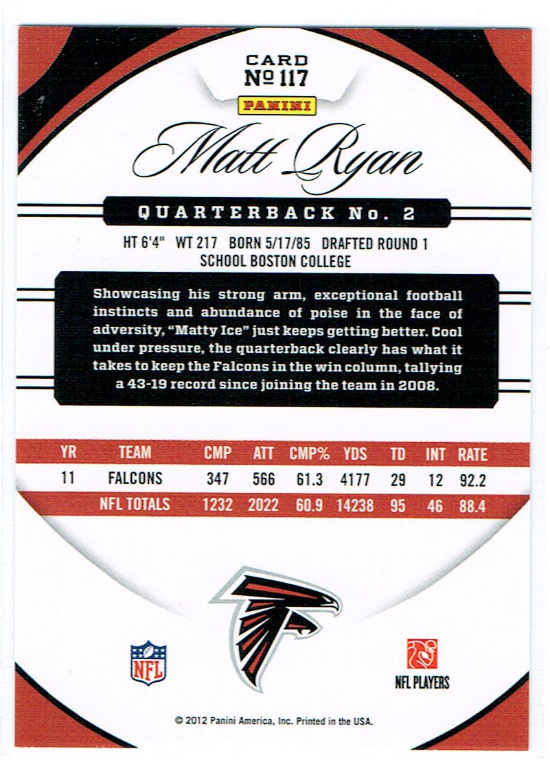 2012 Certified #117 Matt Ryan back image