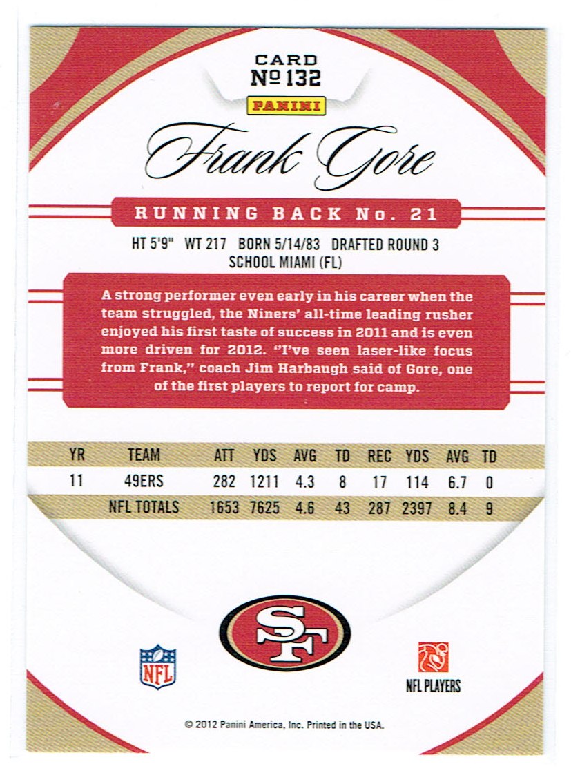 2012 Certified #132 Frank Gore back image