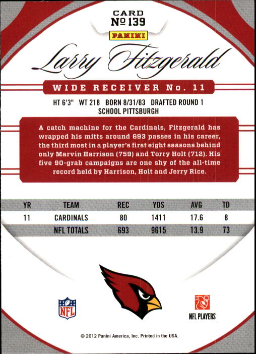 2012 Certified #139 Larry Fitzgerald back image