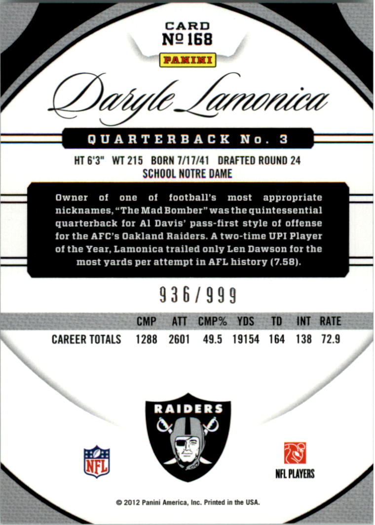 2012 Certified #168 Daryle Lamonica IMM back image