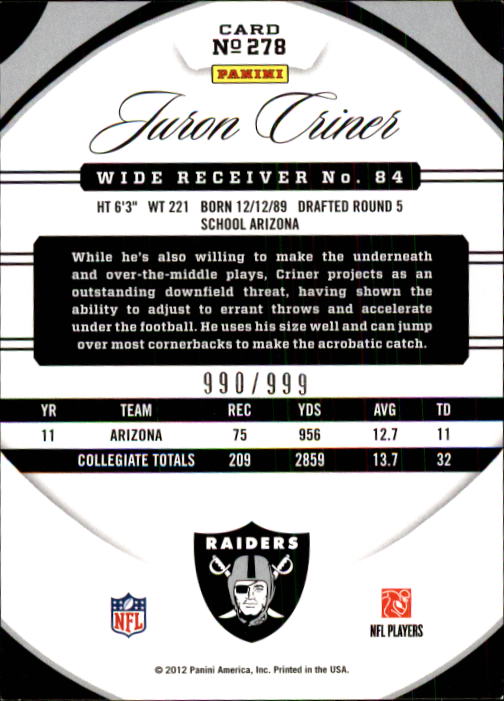 2012 Certified #278 Juron Criner RC back image