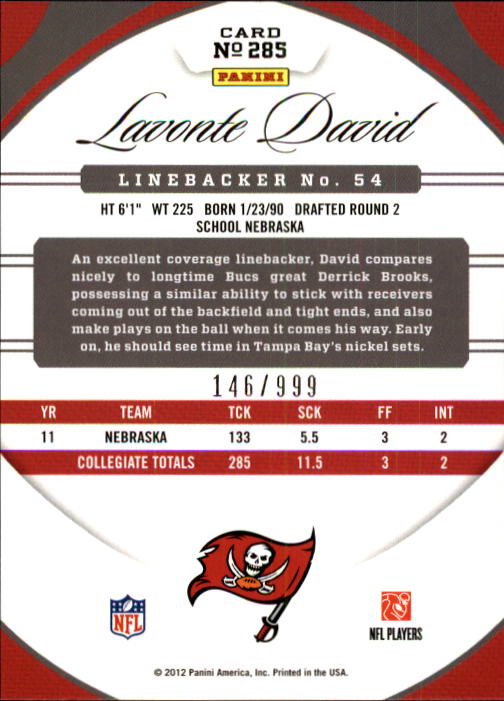 2012 Certified #285 Lavonte David RC back image