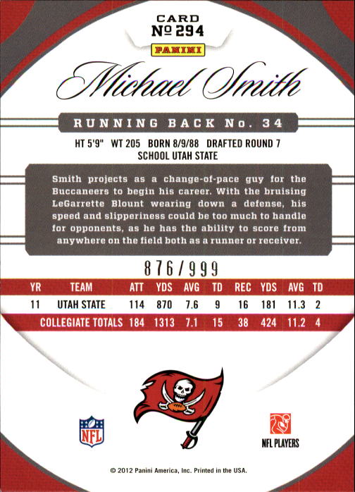 2012 Certified #294 Michael Smith RC back image