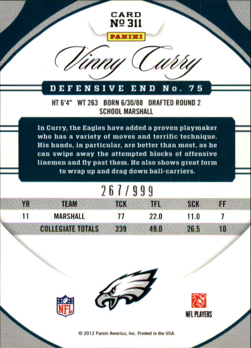 2012 Certified #311 Vinny Curry RC back image