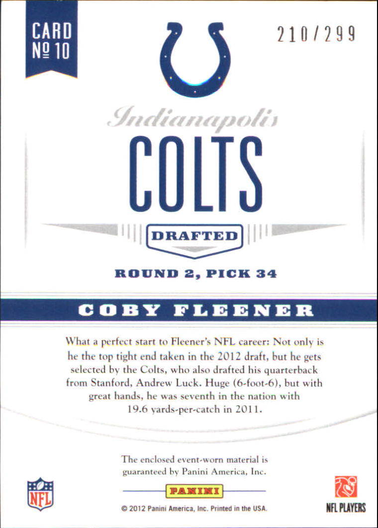 2012 Certified Certified Rookie Materials #10 Coby Fleener back image