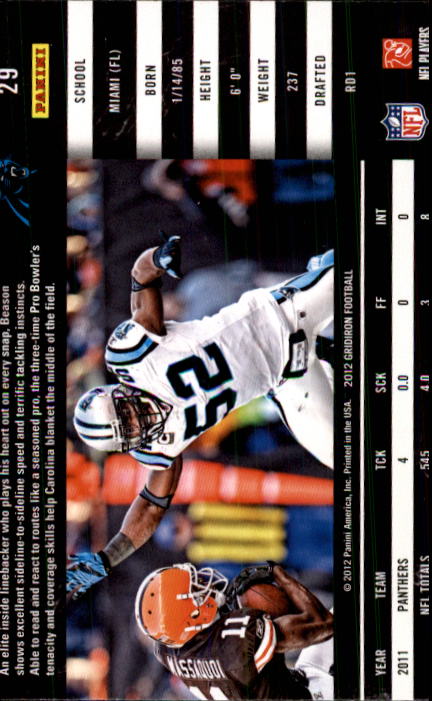 2012 Gridiron #29 Jon Beason back image