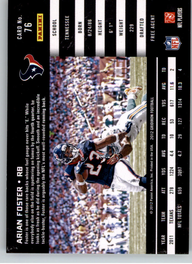 2012 Gridiron #76 Arian Foster back image