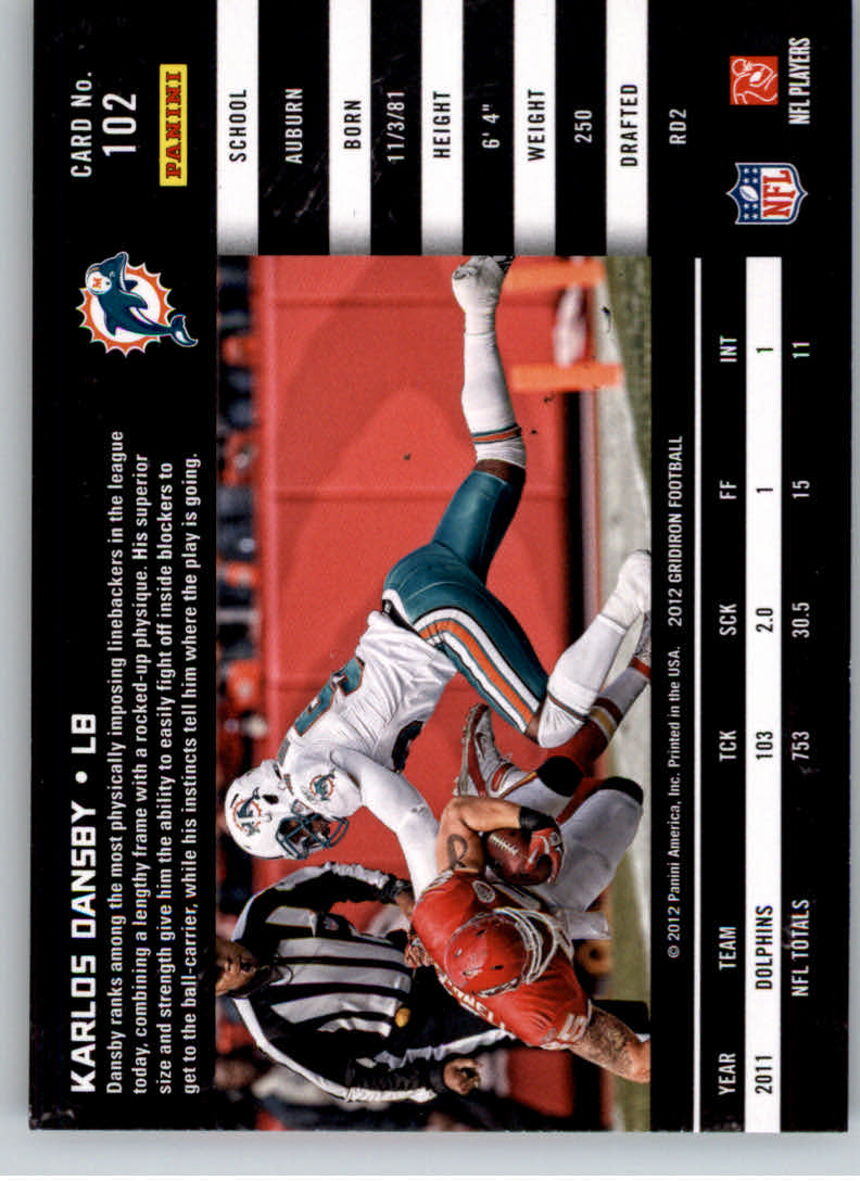 2012 Gridiron #102 Karlos Dansby back image