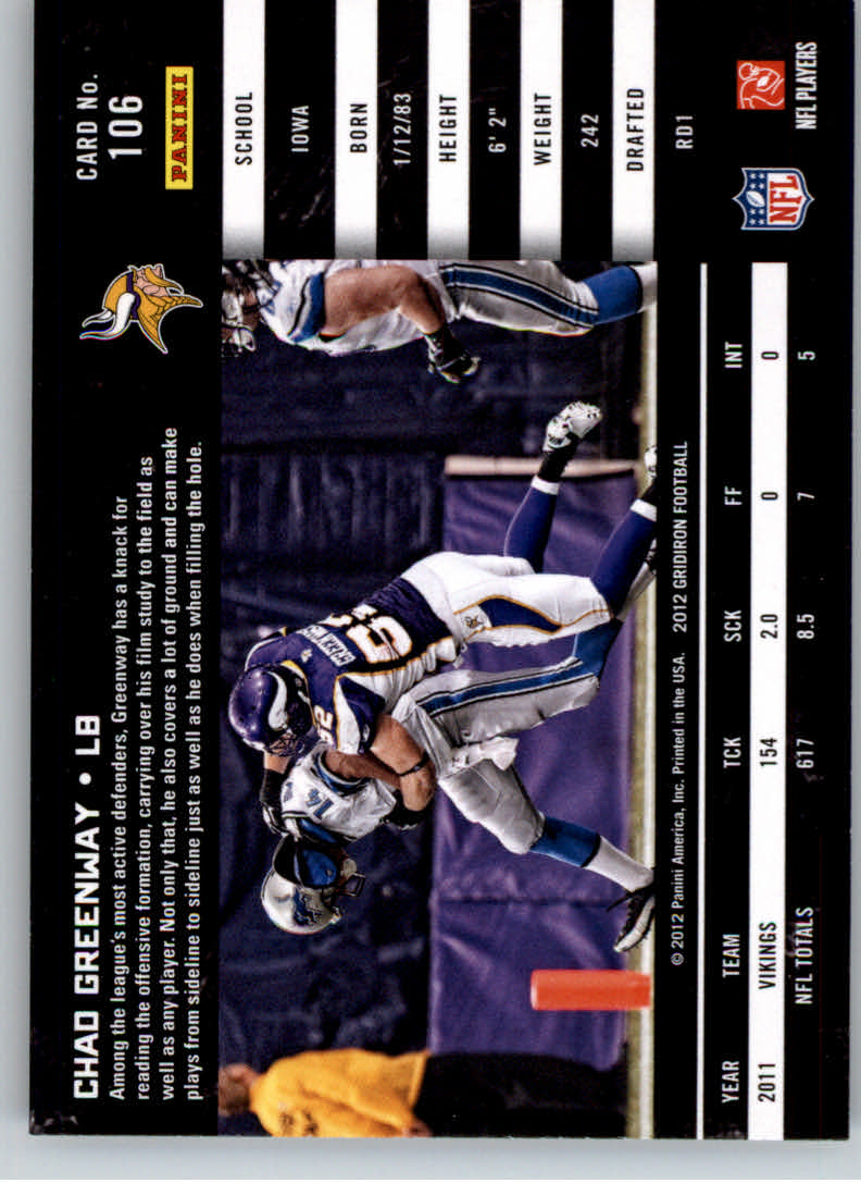 2012 Gridiron #106 Chad Greenway back image