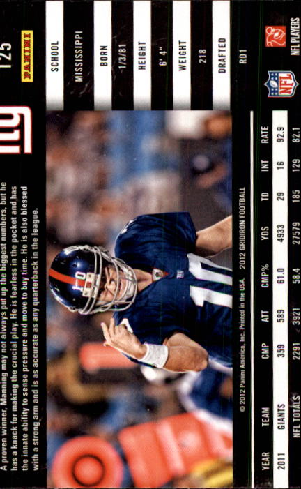 2012 Gridiron #125 Eli Manning back image