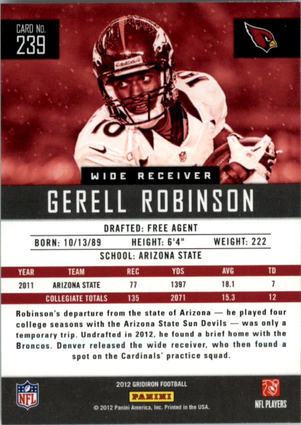 2012 Gridiron #239 Gerell Robinson RC back image
