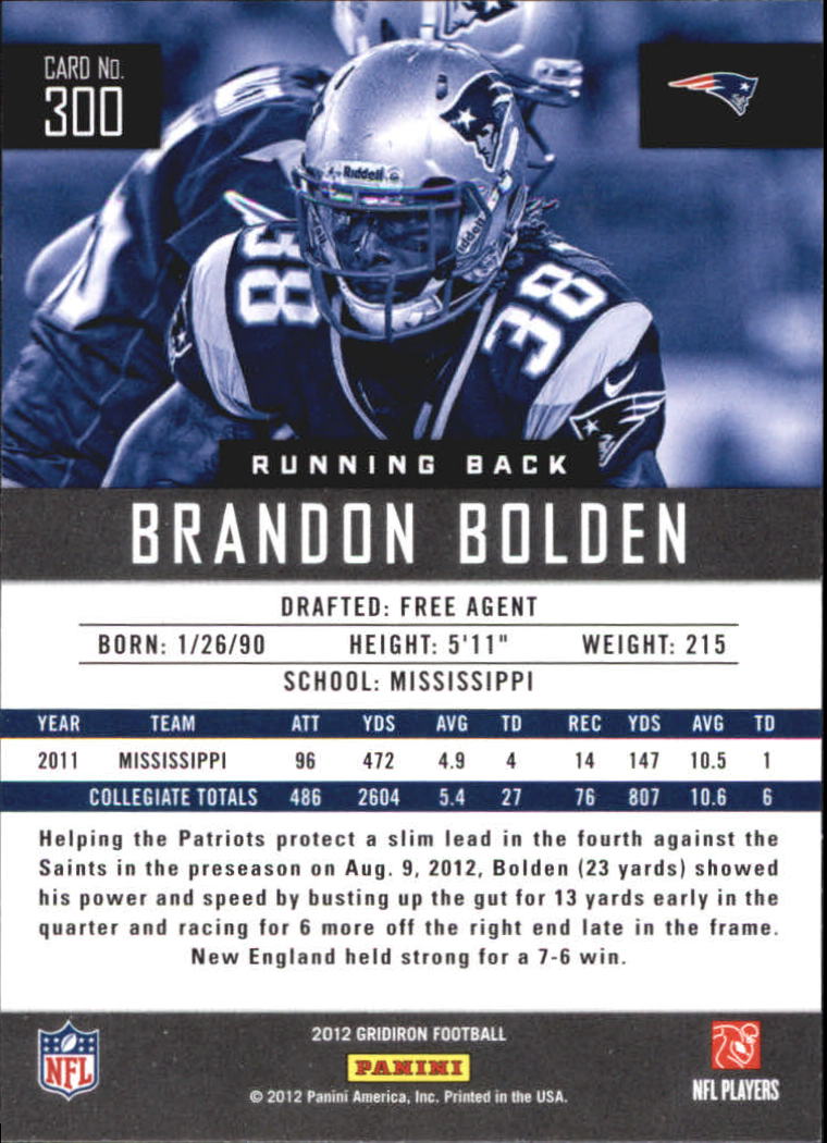 2012 Gridiron #300 Brandon Bolden RC back image