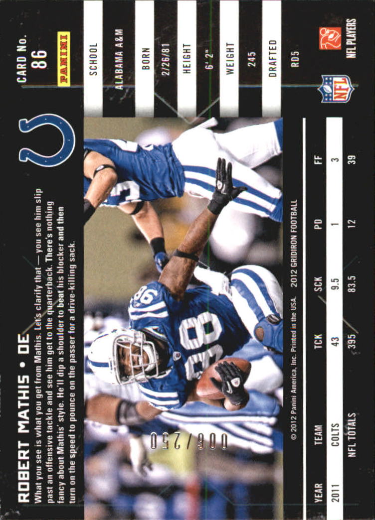 2012 Gridiron Silver X's #86 Robert Mathis back image