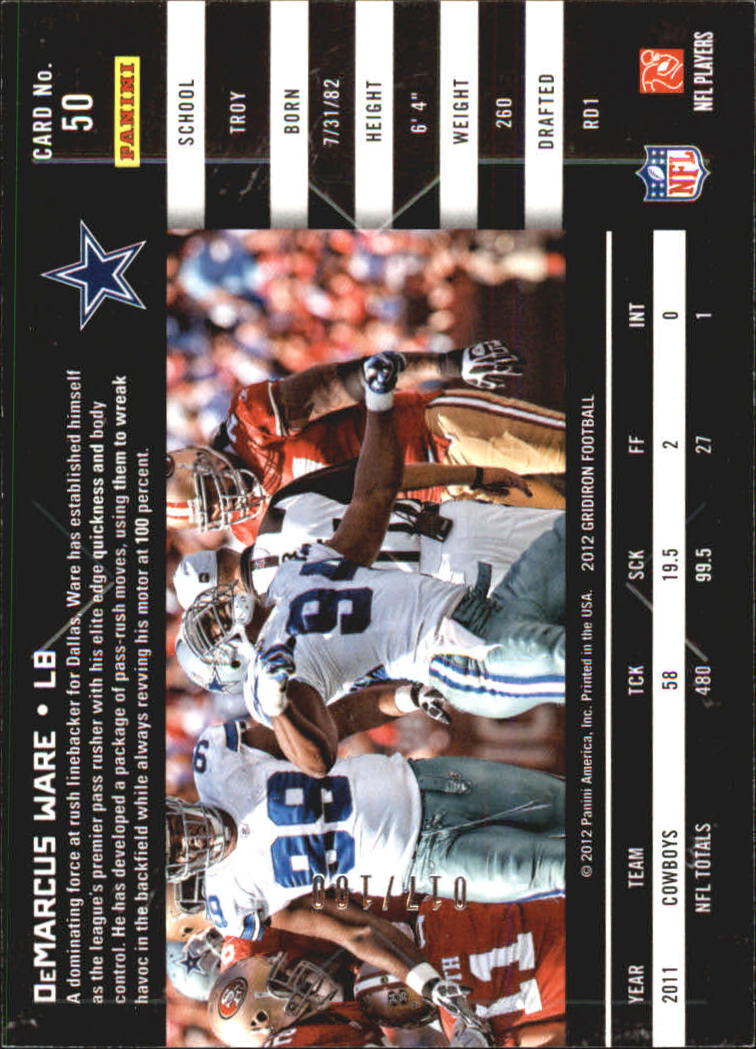 2012 Gridiron Gold X's #50 DeMarcus Ware back image