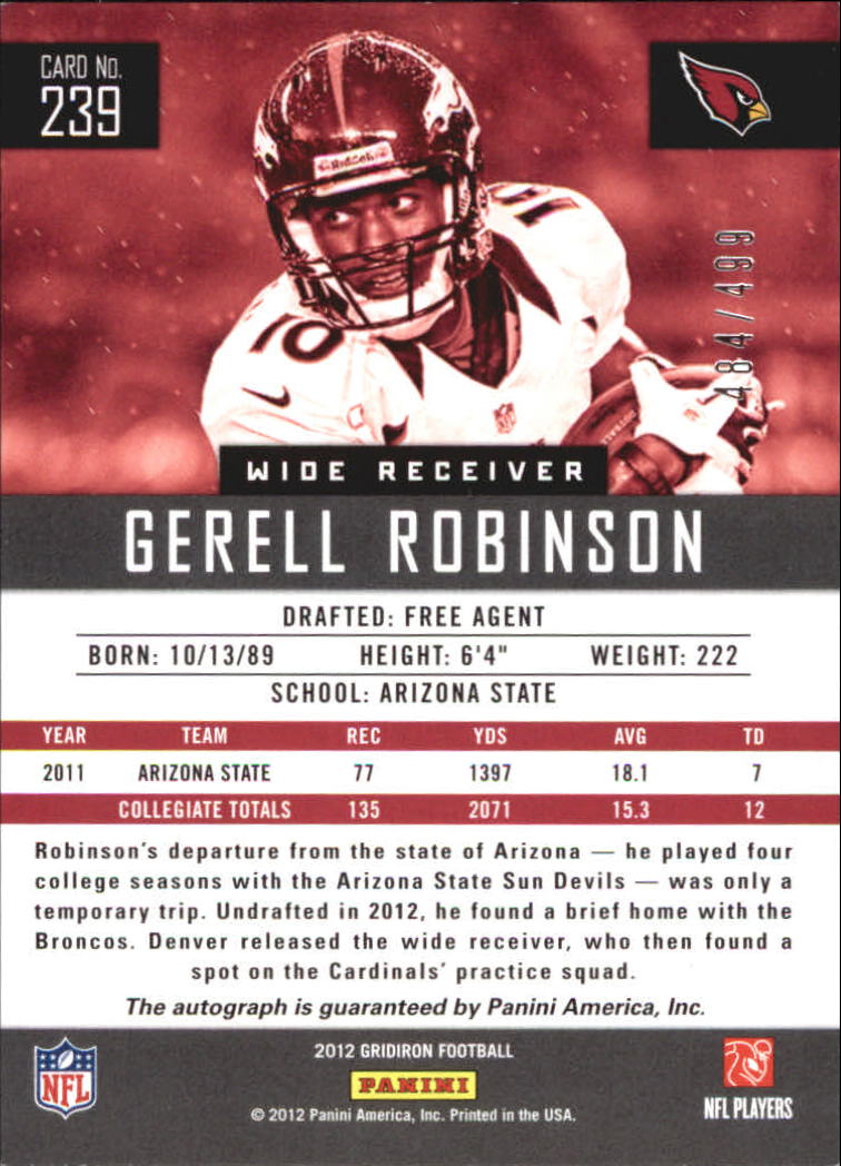 2012 Gridiron Rookie Autographs X's #239 Gerell Robinson/499 back image