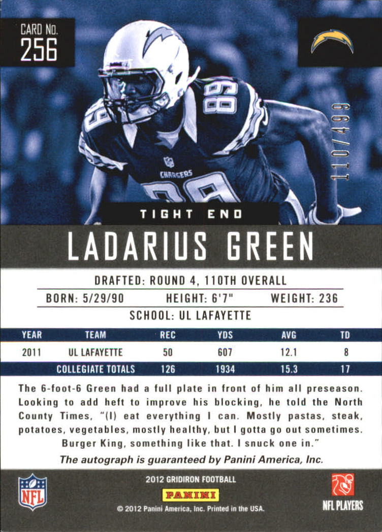 2012 Gridiron Rookie Autographs X's #256 Ladarius Green/499 back image