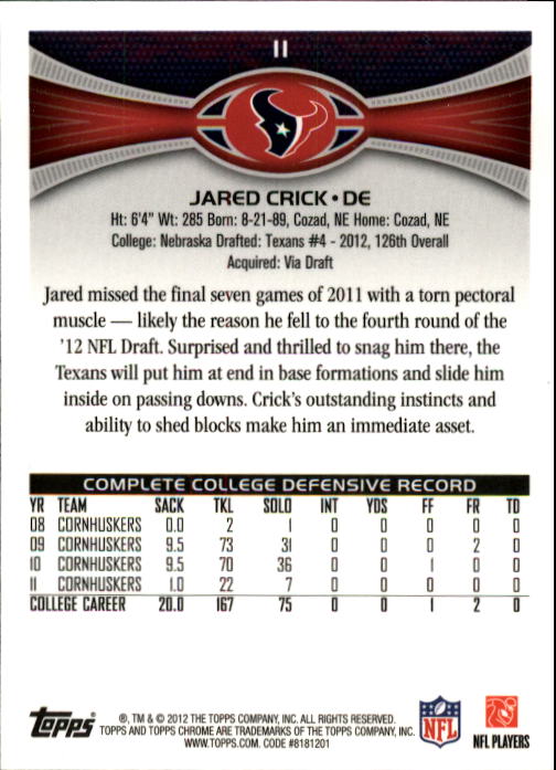 2012 Topps Chrome #11 Jared Crick RC back image