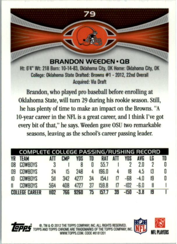 2012 Topps Chrome #79A Brandon Weeden RC/passing forward back image