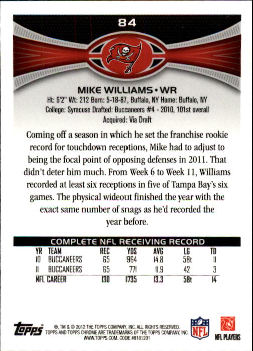 2012 Topps Chrome #84 Mike Williams back image