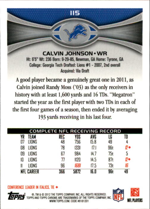 2012 Topps Chrome #115 Calvin Johnson back image