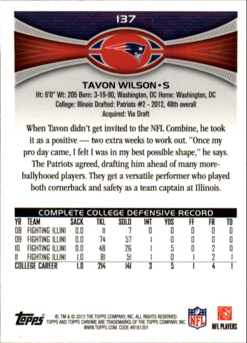 2012 Topps Chrome #137 Tavon Wilson RC back image