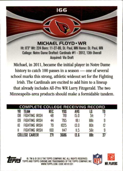 2012 Topps Chrome #166A Michael Floyd RC/jersey team name visible back image