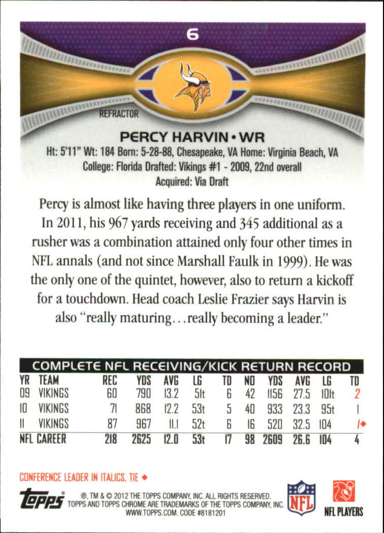 2012 Topps Chrome Refractors #6 Percy Harvin back image