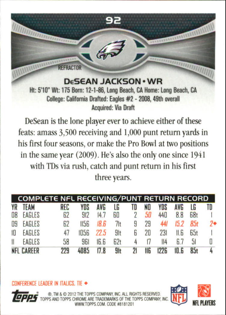 2012 Topps Chrome Refractors #92 DeSean Jackson back image