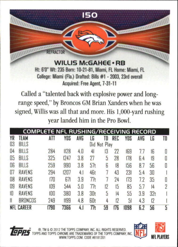 2012 Topps Chrome Refractors #150 Willis McGahee back image