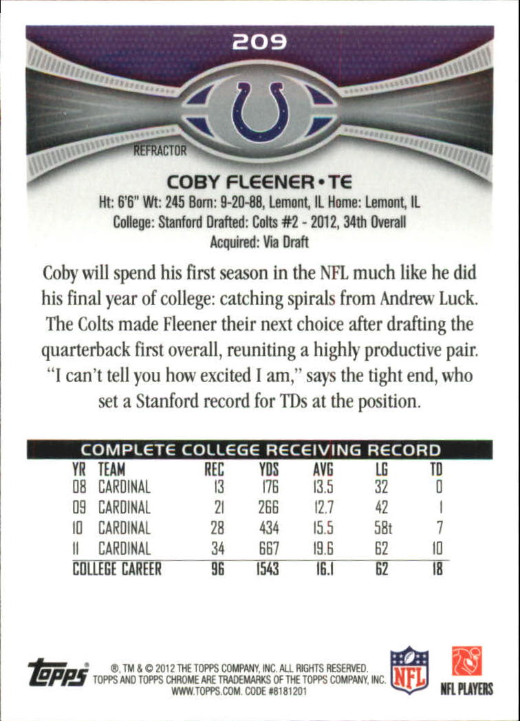 2012 Topps Chrome Refractors #209 Coby Fleener back image