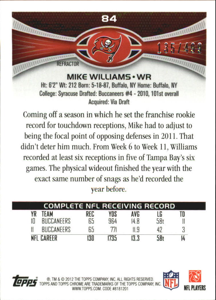2012 Topps Chrome Camo Refractors #84 Mike Williams back image