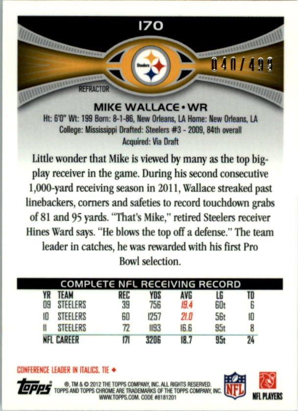 2012 Topps Chrome Camo Refractors #170 Mike Wallace back image