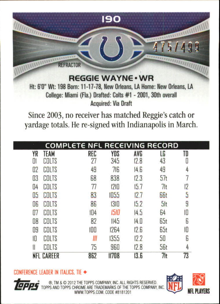 2012 Topps Chrome Camo Refractors #190 Reggie Wayne back image