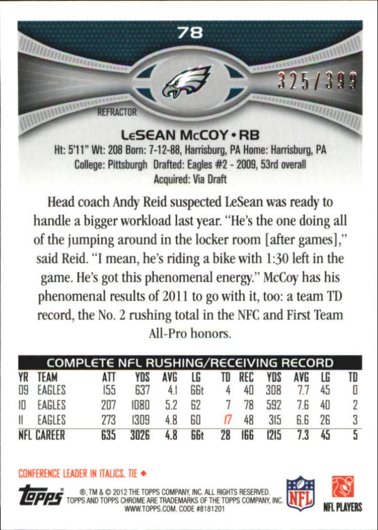 2012 Topps Chrome Pink Refractors #78 LeSean McCoy back image