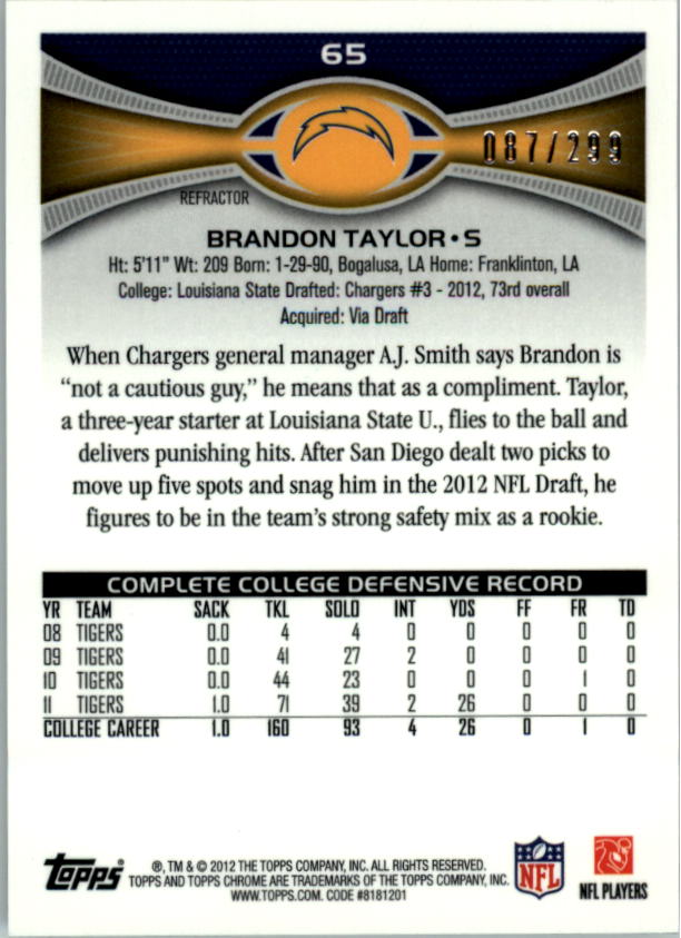 2012 Topps Chrome Black Refractors #65 Brandon Taylor back image